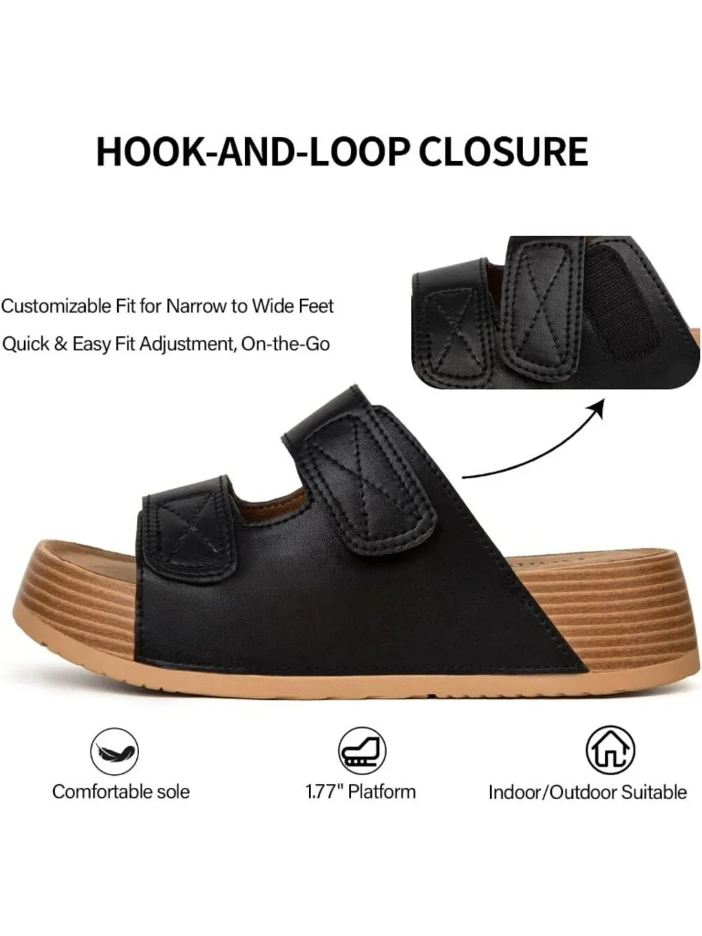 Women's Black Genuine Leather Slip on Beach Slide Buckle Platform Sandal Shoes